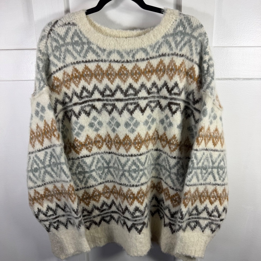 a.n.a. A New Approach Fuzzy Fair Isle Geometric Knit Pullover Sweater Women L